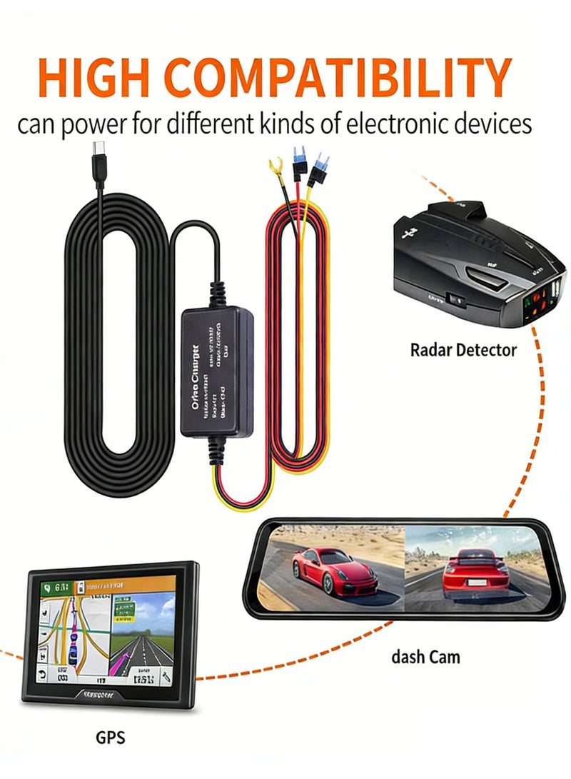 JOUDIYA Universal Car Dash Cam Hardwire Kit, Type-C Power Supply Cable for GPS, CarPlay, Radar Detector, Parking Monitoring, Drive Recorder - Image 3